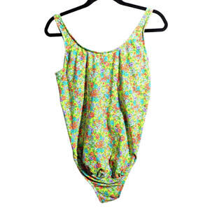 VTG Floral Maternity One Piece Swimsuit Sz L Retro Bright Flowers Union USA Made
